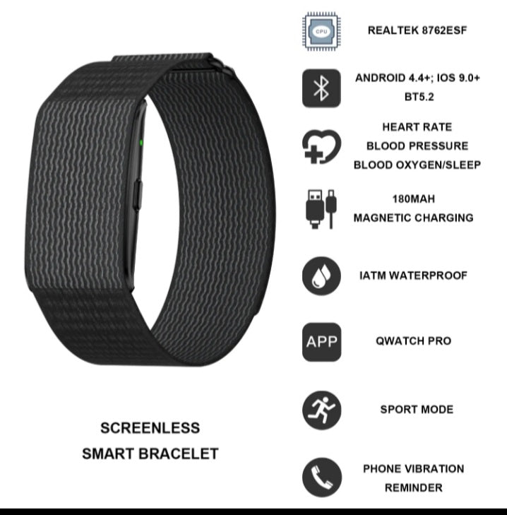 Screenless smart bracelet with feature icons and text on a white background