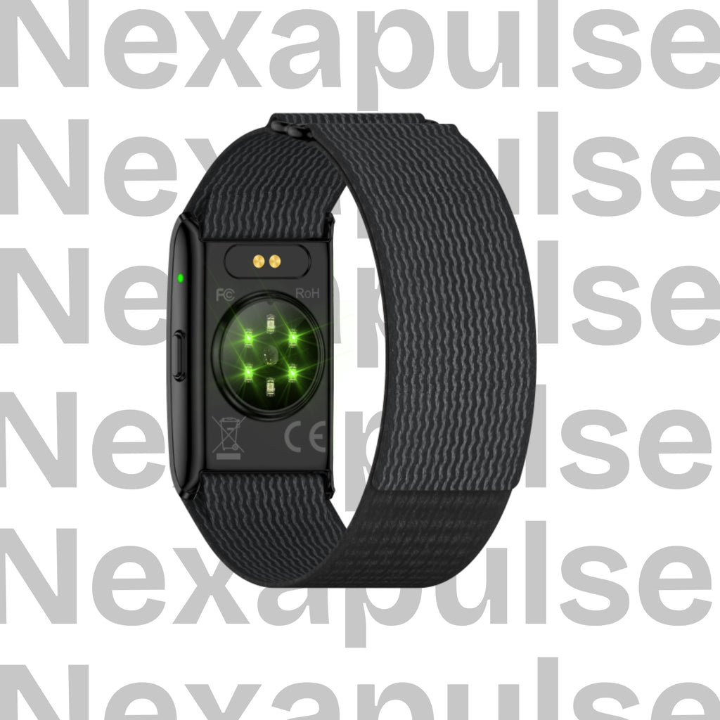 Black fitness tracker with green light gray background with 'Nexapulse' branding.