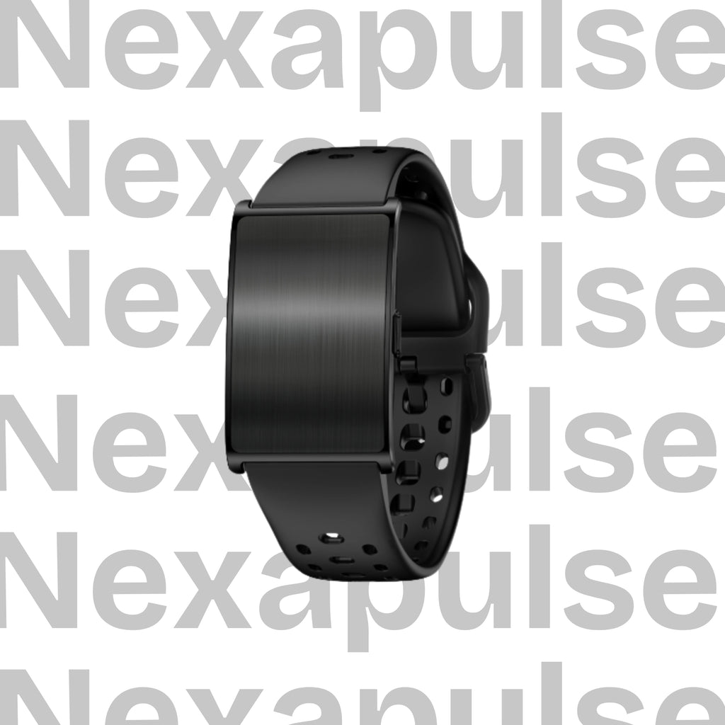 Black smartwatch on a white background with 'Nexapulse' branding.
