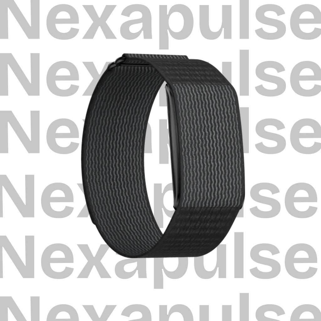 Black fitness band on a white background with 'Nexapulse' branding.
