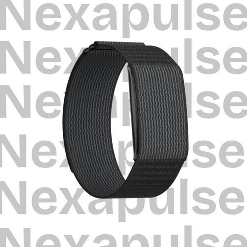 Black fitness band on a white background with 'Nexapulse' branding.