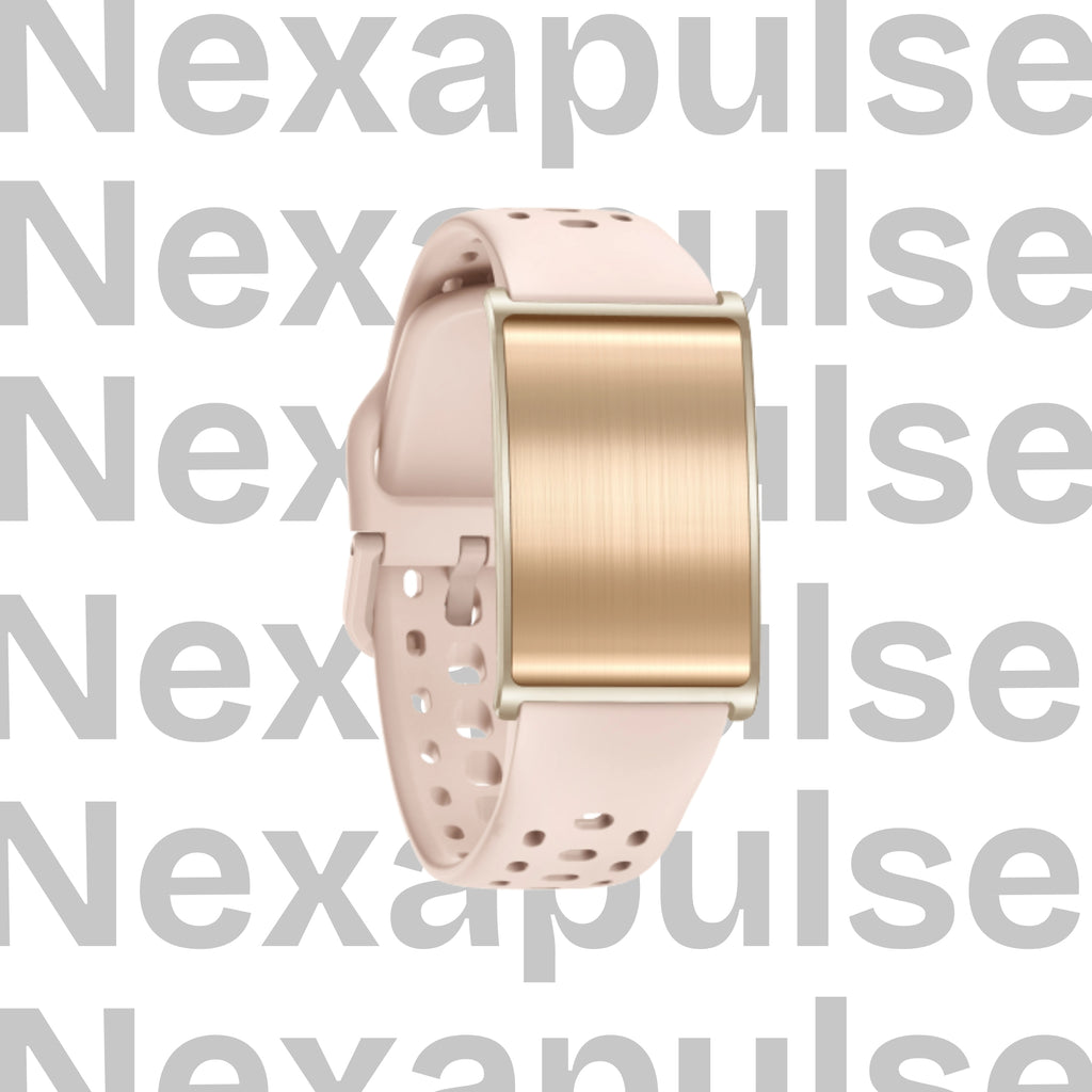 Gold and pink smartwatch on a white background with 'Nexapulse' branding.