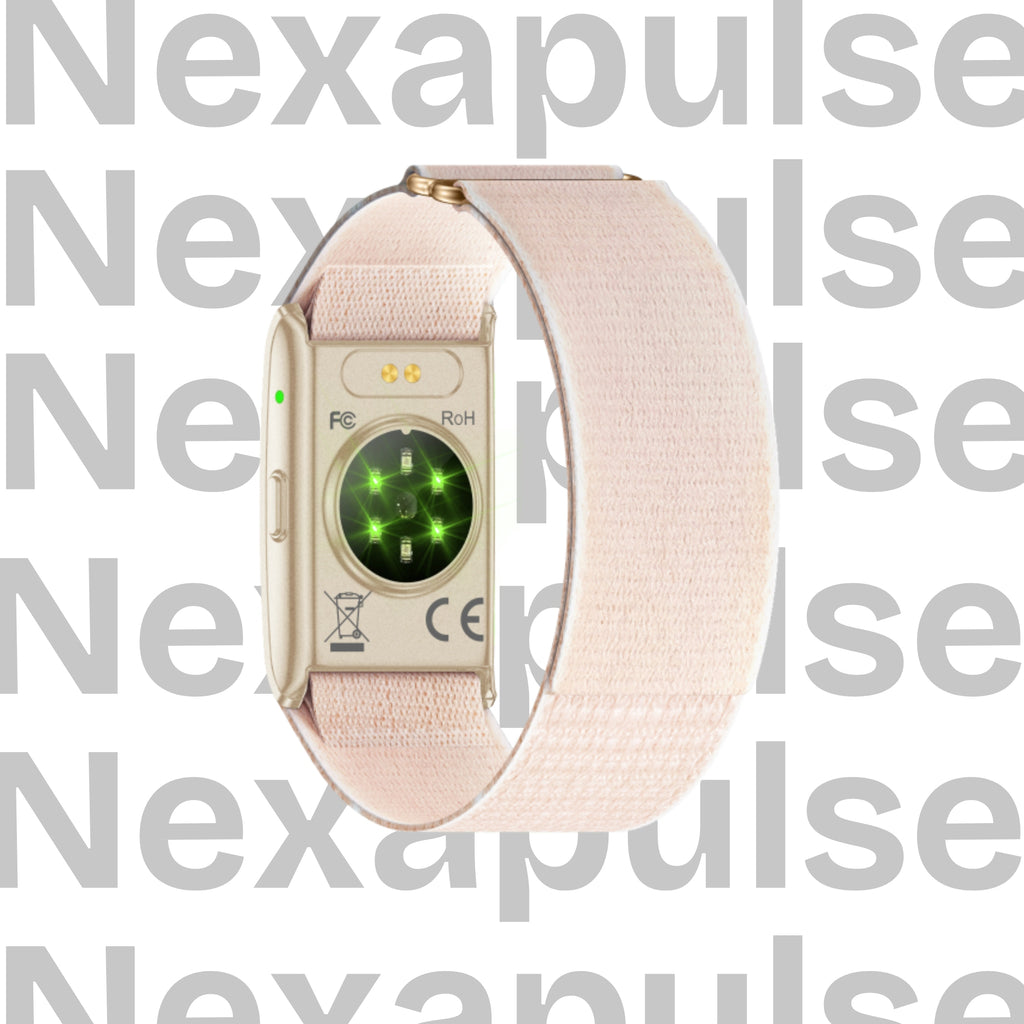 Nexapulse device with a pink band on a white background with 'Nexapulse' text.